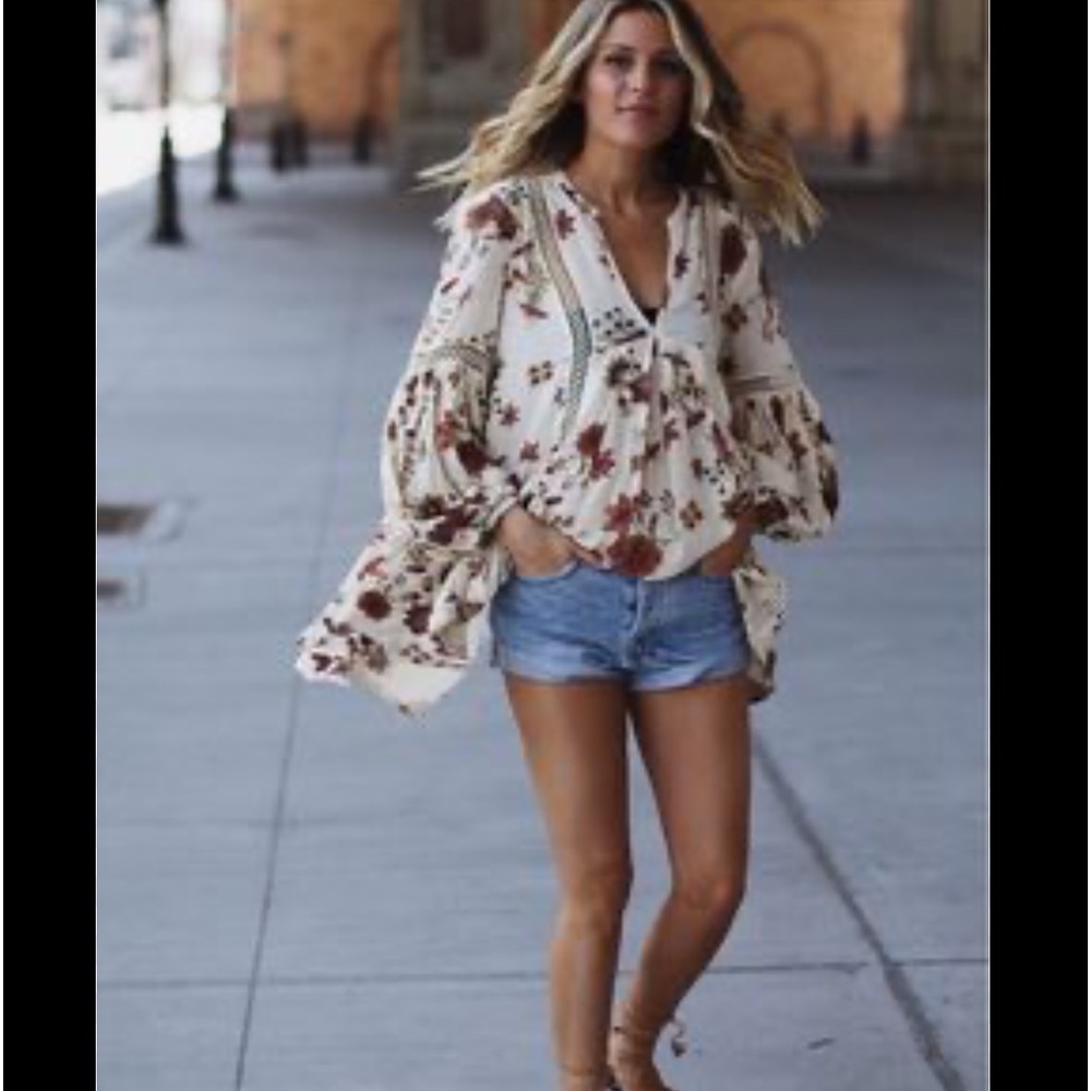 Free People XS boho floral puff sleeve flowing tunic dress fall floral